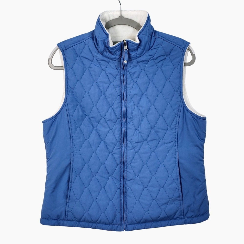 Free Country Reversible Quilted Faux Fur Zip Vest Womens Medium Blue White